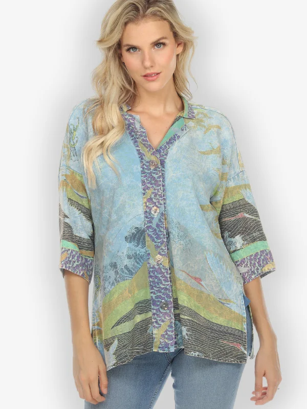 Crane Flying Sky Notch Collar Shirt-- Handmade Hand-knitted Hand-woven