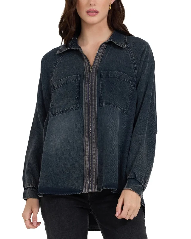 Vintage Havana Twill Tencel Zip Up Shirt-- Hooded Caped Shawl Collar