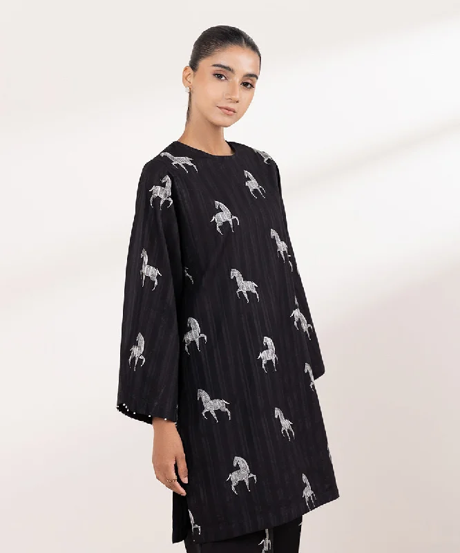 Embroidered Dobby Shirt-- Collared Crew Neck Turtle Neck