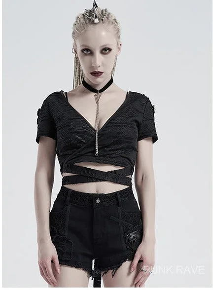 Punk bandage short sleeve T-shirt-- Solid Color Striped Floral