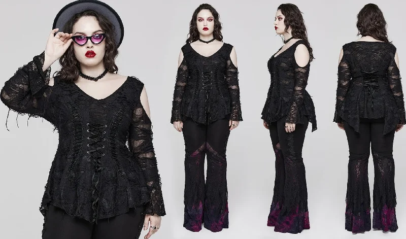 Goth Lace Puff Sleeves Sexy T-Shirt-- Print Jacquard Patchwork