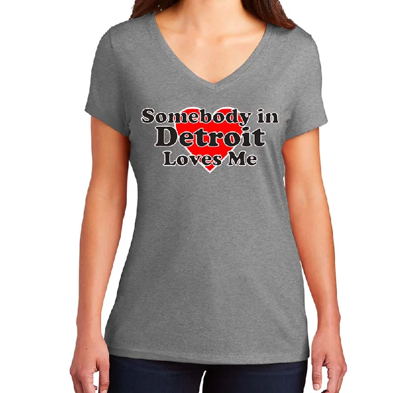 Ladies Relaxed V-neck Somebody in Detroit Loves Me T-shirt - Triblend Grey-- Front Pockets Side Pockets Patch Pockets Ladies Relaxed V-neck Somebody in Detroit Loves Me T-shirt - Triblend Grey-- Front Pockets Side Pockets Patch Pockets