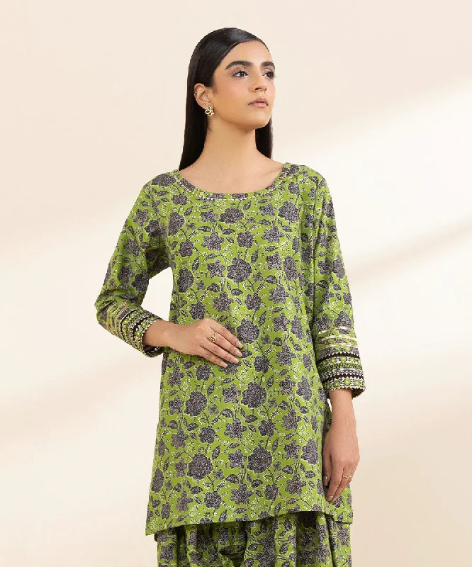 Printed Cambric Shirt-- Collared T-Shirt Boat Neck A-Line