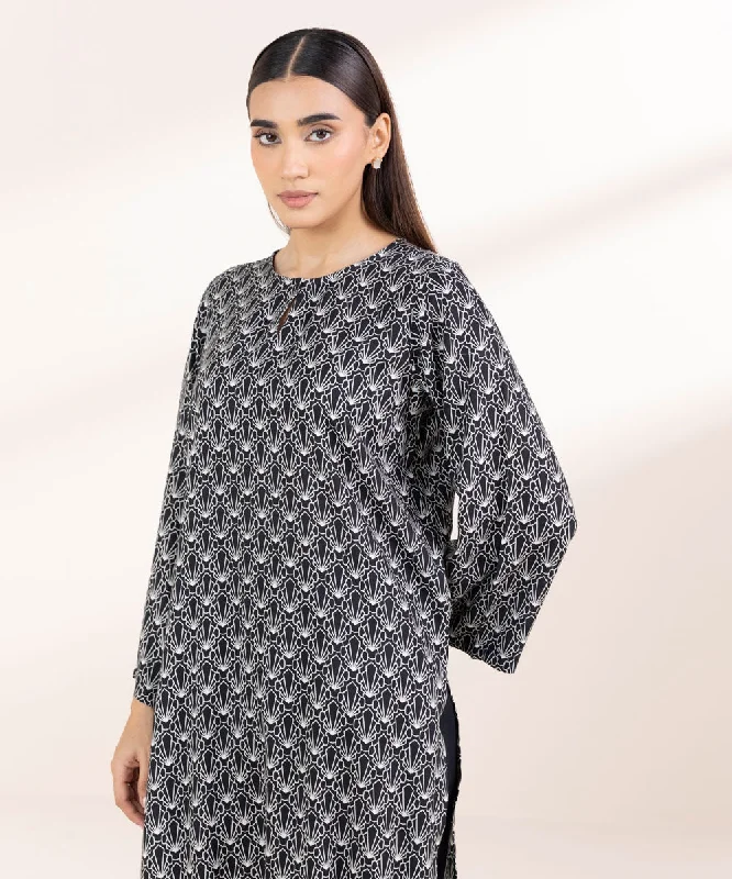Printed Linen Shirt-- Collared T-Shirt Boat Neck A-Line