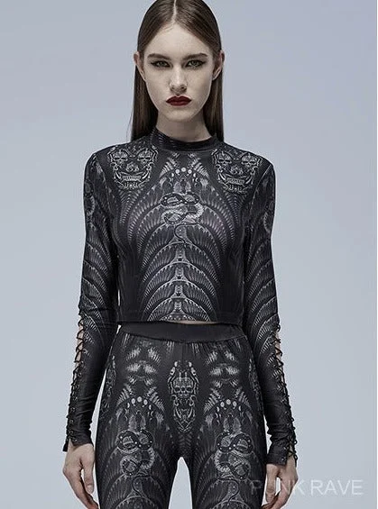 Gothic skeleton print mesh T-shirt-- Cashmere Blend Cotton Blend Poly Blend