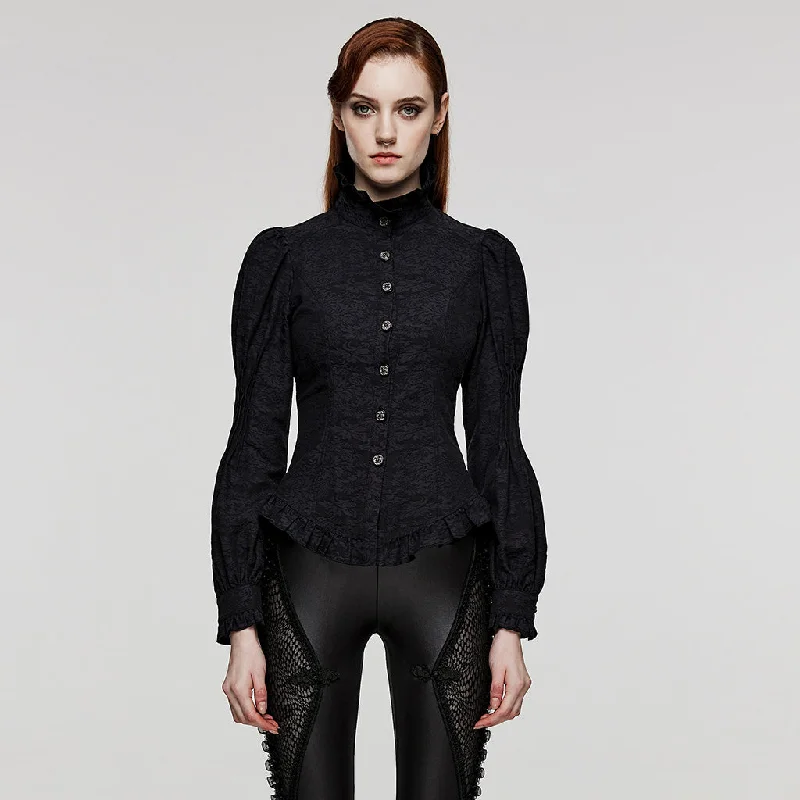 Vintage Court Style Shirt Goth Jacquard Puff Sleeves Stand Collar Shirt Women Slim Fitting Waistband Blouse-- Solid Print Embellished Vintage Court Style Shirt Goth Jacquard Puff Sleeves Stand Collar Shirt Women Slim Fitting Waistband Blouse-- Solid Print Embellished