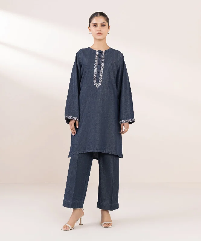 Embroidered Denim Shirt-- Asymmetrical Pockets Print