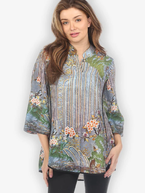 Waterfall and Flowers Tummy Tuck Shirt-- Beaded Sequined Faux Fur