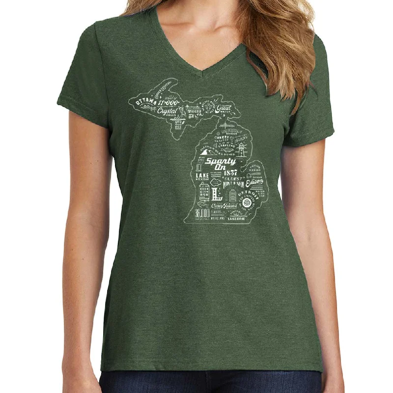 Ladies Relaxed V-neck Michigan Places T-shirt - Deep Green-- Polka Dot Checkered Tartan Ladies Relaxed V-neck Michigan Places T-shirt - Deep Green-- Polka Dot Checkered Tartan