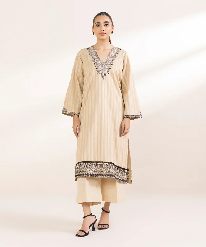 Embroidered Dobby Shirt-- Spandex Blend Rayon Blend Denim Blend