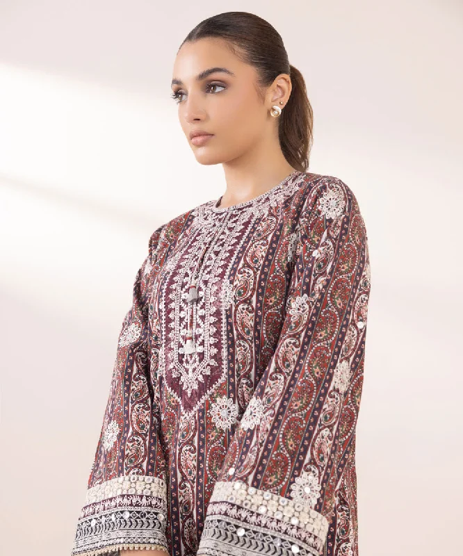 Embroidered Cotton Viscose Shirt-- V-Neck T-Shirt Long Sleeve Cotton