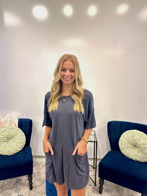 Tinsley T-Shirt Romper in Charcoal-- Satin Fabric Silk Fabric Chiffon Fabric