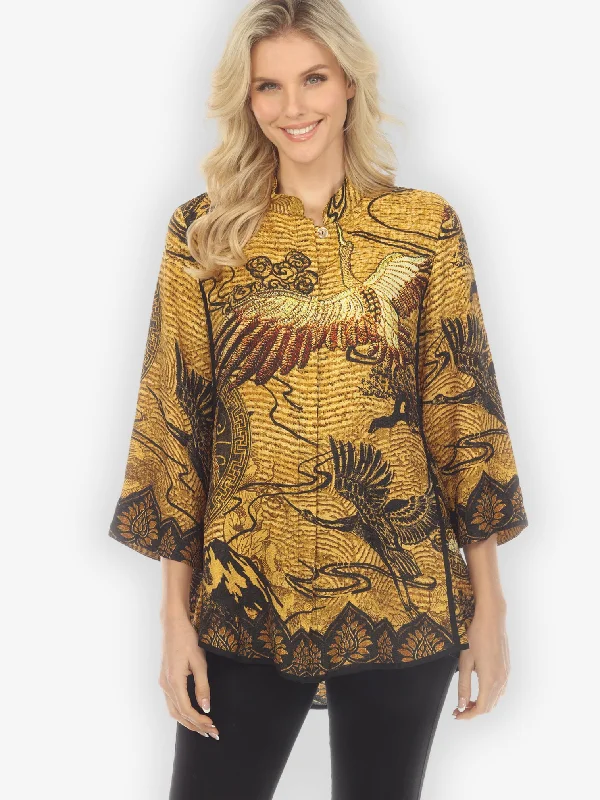Elegant Crane Design Tummy Tuck Shirt-- Spandex Blend Rayon Blend Denim Blend