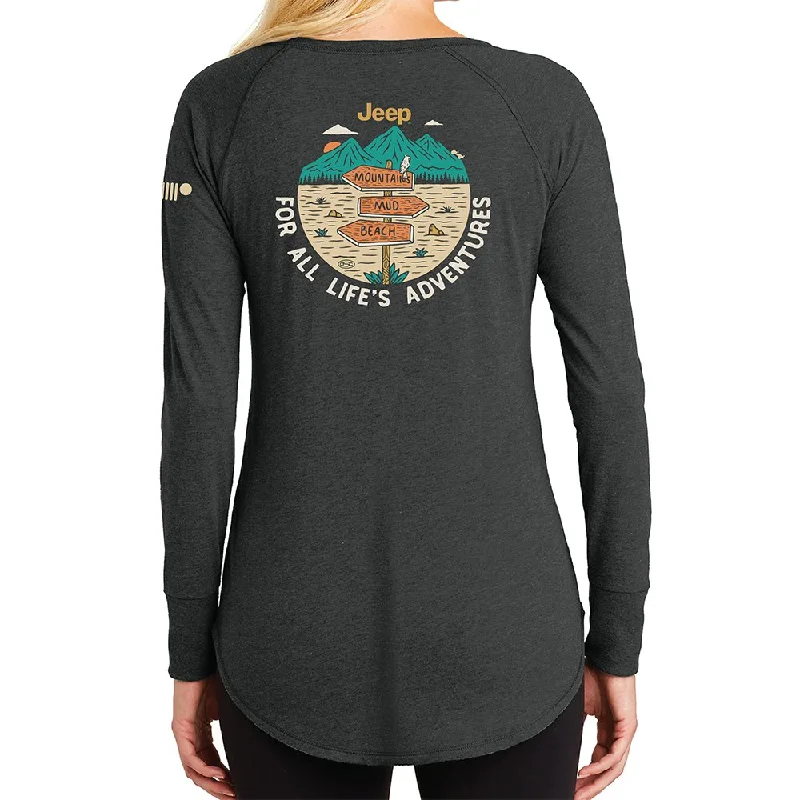 Ladies Jeep® For All Life's Adventures Long Sleeve Tunic T-shirt - Heather Black-- Hooded Caped Shawl Collar