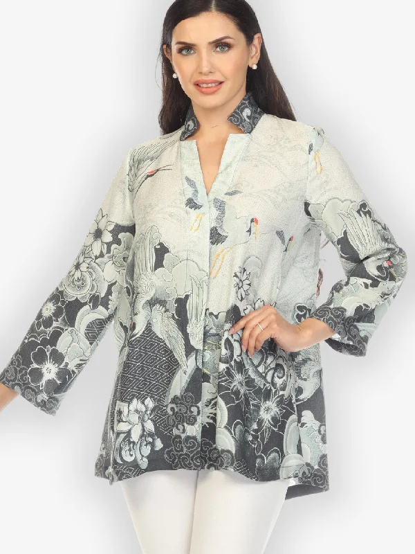 Black White Crane Wave Oversized Notch Collar Shirt-- Zippered Buttoned Snapped