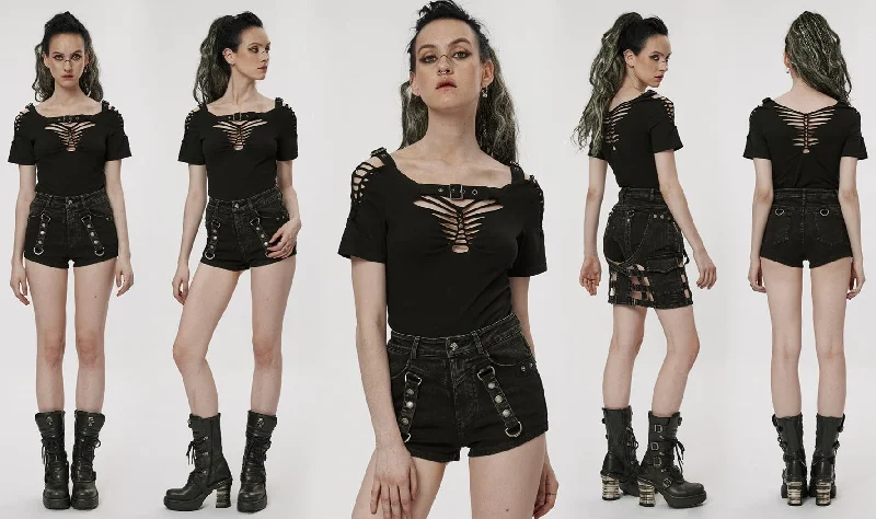 Punk Sexy V Neck Woven Hollow Out Backless Short Sleeve T Shirt-- Silk Blend Satin Velvet Punk Sexy V Neck Woven Hollow Out Backless Short Sleeve T Shirt-- Silk Blend Satin Velvet