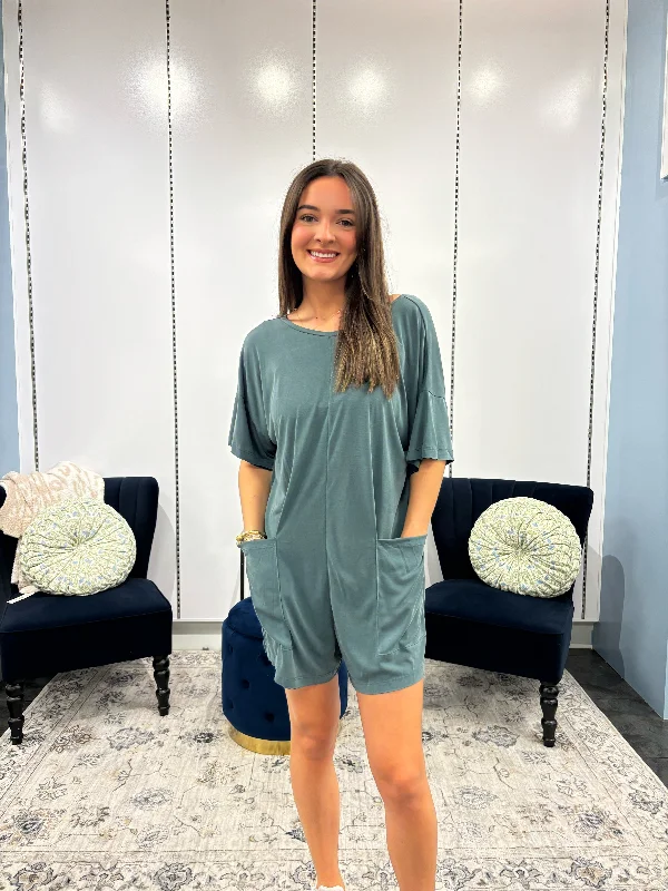 Tinsley T-Shirt Romper in Teal-- Cotton Fabric Linen Fabric Terry Fabric