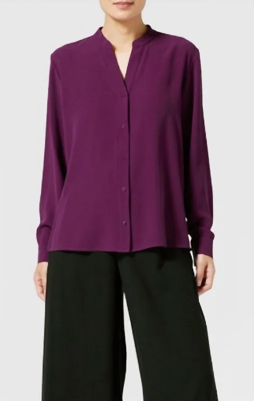 Mandarin Collar Silk Shirt In Sweet Plum-- Print Jacquard Patchwork