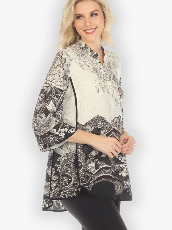 Koi Black White Tummy Tuck Shirt-- Wool Fabric Cashmere Fabric Tweed Fabric