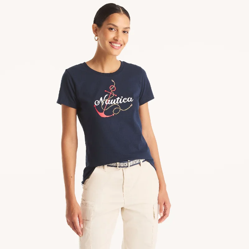 Nautica Womens Glitter Anchor Knot Graphic T-Shirt-- Mesh Blend Leather Blend Suede Blend