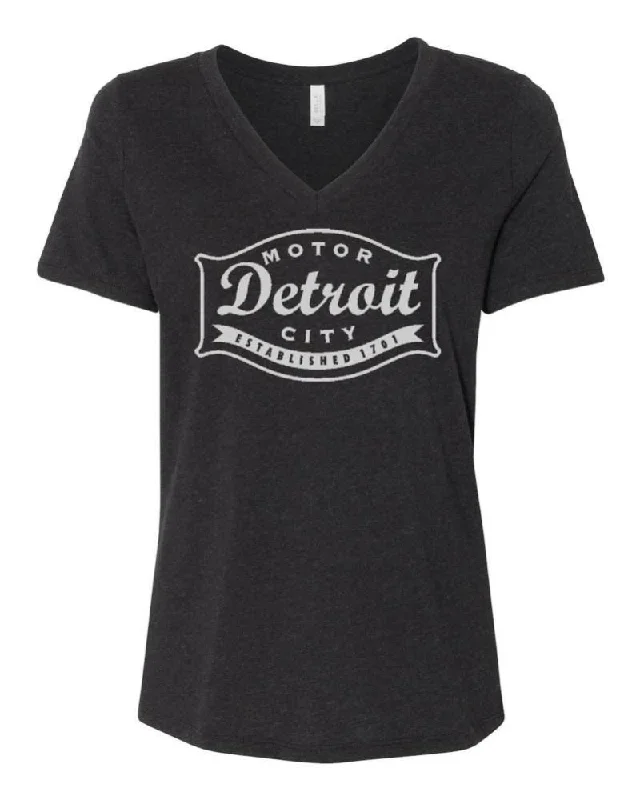 Ladies Relaxed V-neck Detroit Buckle T-shirt - Heather Black-- Embroidered Appliqued Beaded Ladies Relaxed V-neck Detroit Buckle T-shirt - Heather Black-- Embroidered Appliqued Beaded