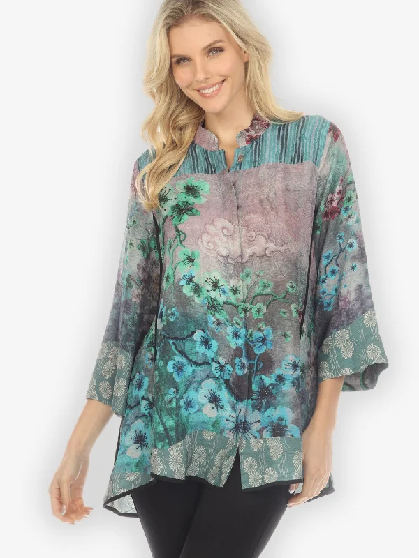 Joy Bloom Border in Blue Tummy Tuck Shirt-- Houndstooth Herringbone Solid