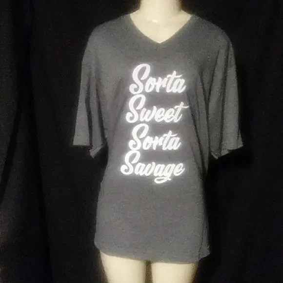 Gray Sorta Sweet Sorta Savage V-neck T-Shirt-- Zippered Front Buttoned Front Snap Front Gray Sorta Sweet Sorta Savage V-neck T-Shirt-- Zippered Front Buttoned Front Snap Front