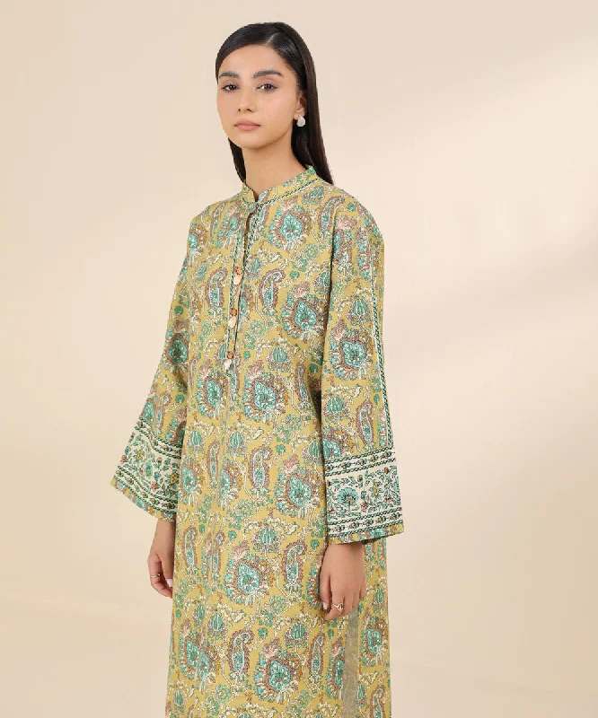 Printed Khaddar Shirt-- Embroidered Appliqued Beaded