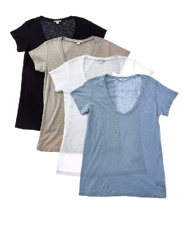 James Perse Set of 4 Sheer Slub V-Neck T-Shirt-- Houndstooth Herringbone Solid