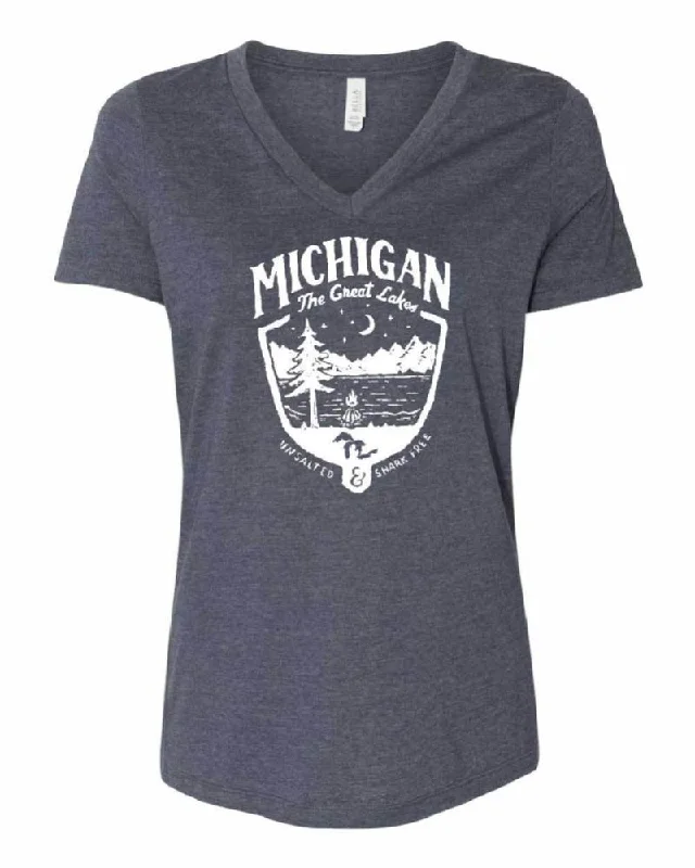Ladies Relaxed V-neck Michigan Shield T-shirt - Heather Navy-- Collared Crew Neck Turtle Neck Ladies Relaxed V-neck Michigan Shield T-shirt - Heather Navy-- Collared Crew Neck Turtle Neck