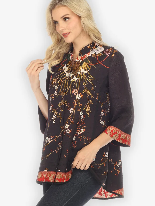 Blossom Flowers Tummy Tuck Shirt-- Zippered Front Buttoned Front Snap Front