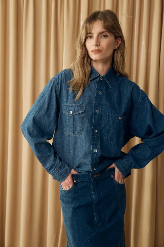 E.L.V. Denim | Classic Denim Shirt | Dark Blue-- Sequined Glittery Shiny