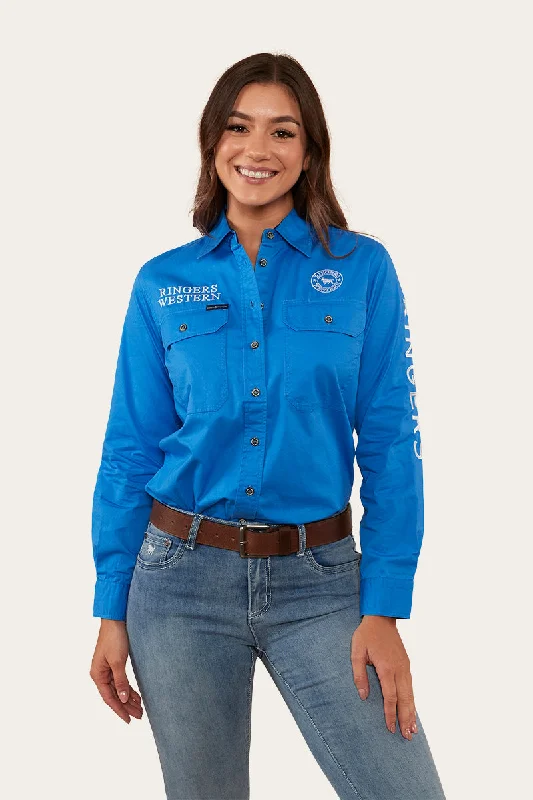 Signature Jillaroo Womens Full Button Work Shirt - Blue/White-- Print Jacquard Patchwork