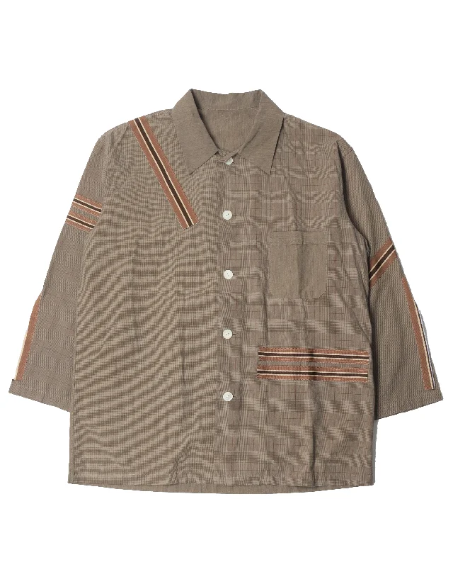 Beige Plaid Button Up Shirt-- Satin Blend Silk Blend Wool Blend