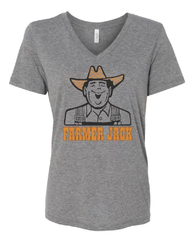 Ladies Relaxed V-neck Farmer Jack T-shirt - Heather Grey-- Striped Floral Plaid