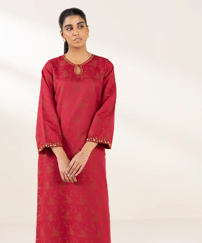 Embroidered Cotton Jacquard Shirt-- Fleece Nylon Spandex