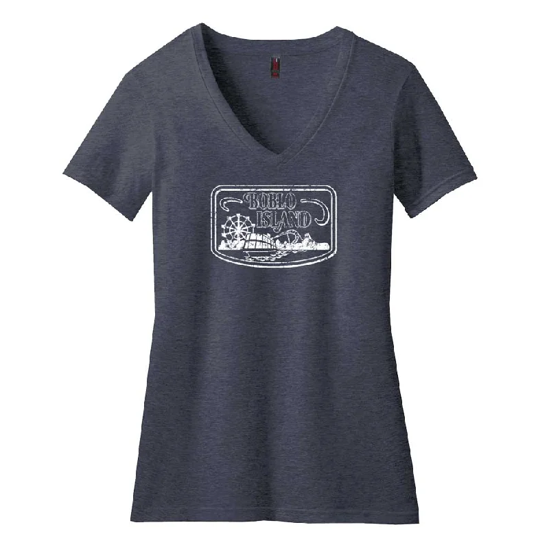 Ladies Relaxed V-neck Detroit Boblo Island T-shirt - Heather Navy-- Ribbed Striped Patterned Ladies Relaxed V-neck Detroit Boblo Island T-shirt - Heather Navy-- Ribbed Striped Patterned