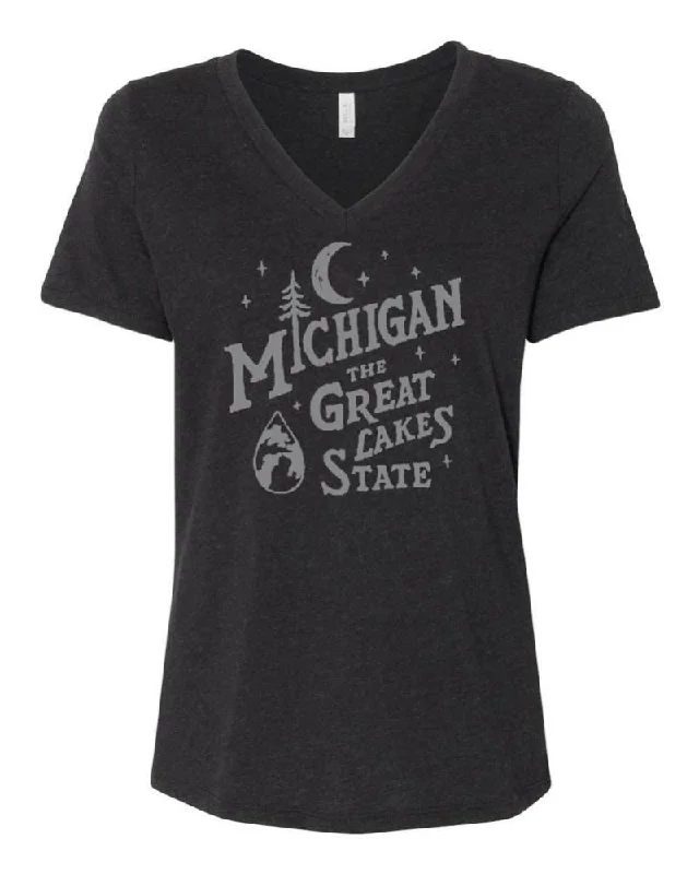 Ladies Relaxed V-neck Michigan Vintage Font T-shirt - Heather Black-- Notch Collar Peter Pan Collar Cowl Neck Ladies Relaxed V-neck Michigan Vintage Font T-shirt - Heather Black-- Notch Collar Peter Pan Collar Cowl Neck