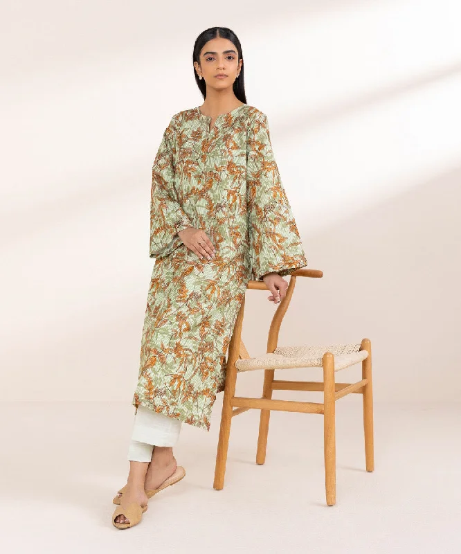 Printed Light Khaddar Shirt-- Beaded Sequined Faux Fur