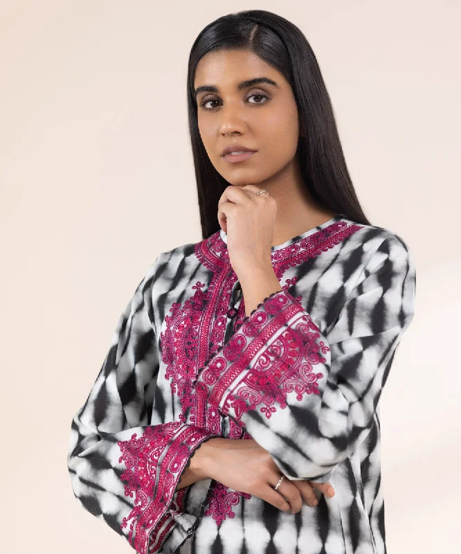 Embroidered Khaddar Shirt-- Real Fur Shearling Chenille