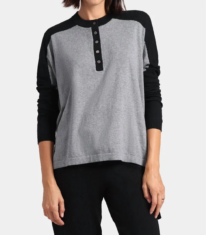 Cotton Cashmere Colorblock Oversized Henley Shirt In Black/grey-- Sequined Glittery Shiny