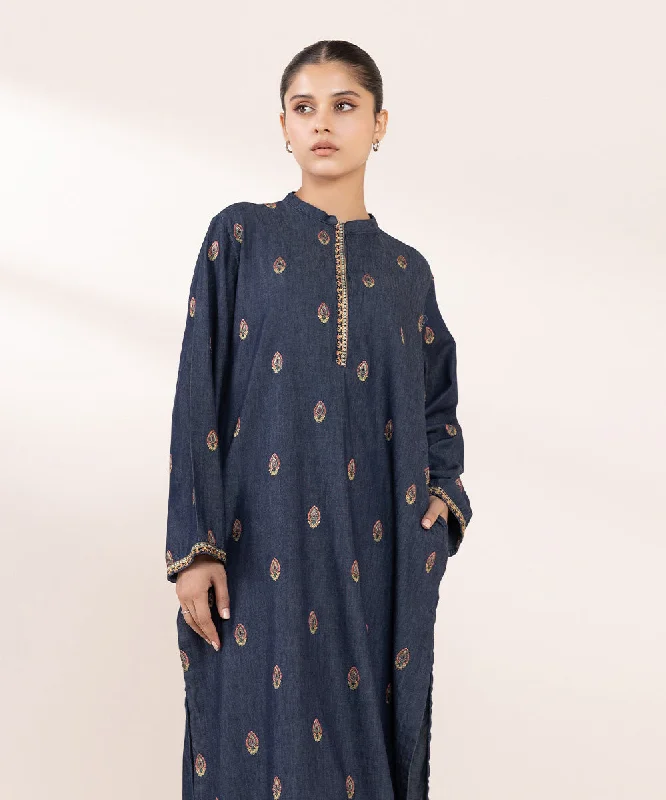Embroidered Denim Shirt-- Boxy Fit Fitted Loose