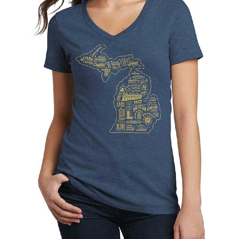 Ladies Relaxed V-neck Michigan Places T-shirt - Deep Navy-- Houndstooth Herringbone Solid Ladies Relaxed V-neck Michigan Places T-shirt - Deep Navy-- Houndstooth Herringbone Solid
