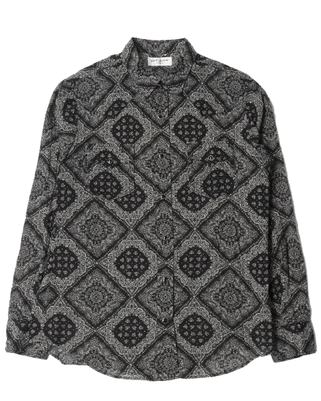 Paisley Long Sleeve Button Up Shirt-- Collared T-Shirt Boat Neck A-Line