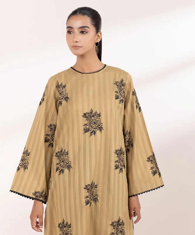 Embroidered Dobby Shirt-- Notch Collar Peter Pan Collar Cowl Neck
