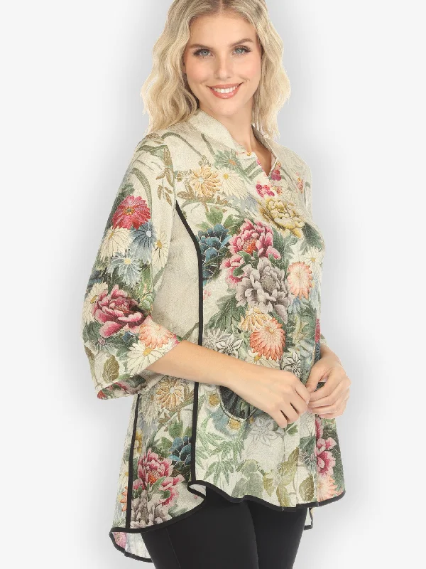 Vintage Flowers in Cream Tummy Tuck Shirt-- Elasticated Padded Insulated