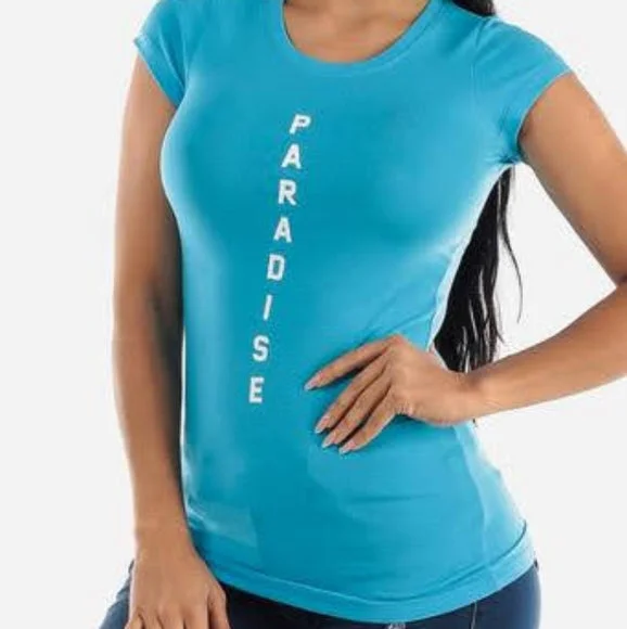 Women's Blue Paradise T-shirt-- V-Neck T-Shirt Long Sleeve Cotton