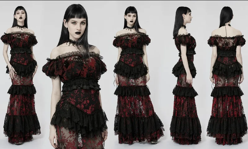 Gothic Sexy Lace Flocking Mesh Bubble Sleeves T-Shirt-- Ribbed Striped Patterned