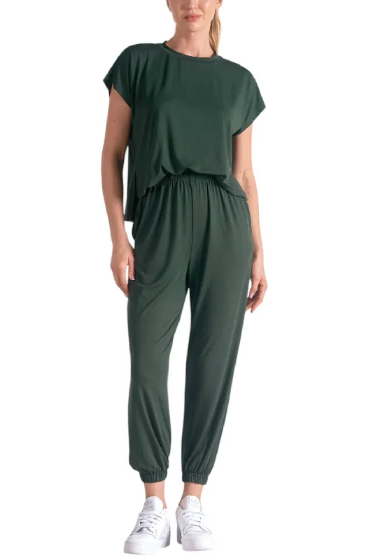 Short Sleeve T-Shirt Jumpsuit In Dark Green-- Handmade Hand-knitted Hand-woven