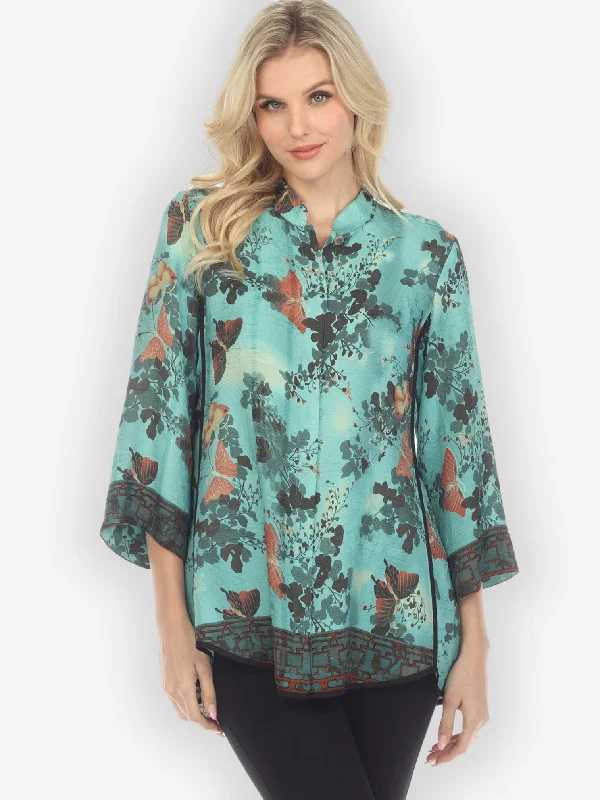 Butterfly Clouds Border in Turquoise Tummy Tuck Shirt-- Satin Fabric Silk Fabric Chiffon Fabric